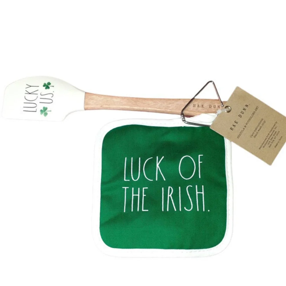 NEW‎ 2 Piece Rae Dunn Set St Patrick's Day Spatula Green Potholder Irish Luck
